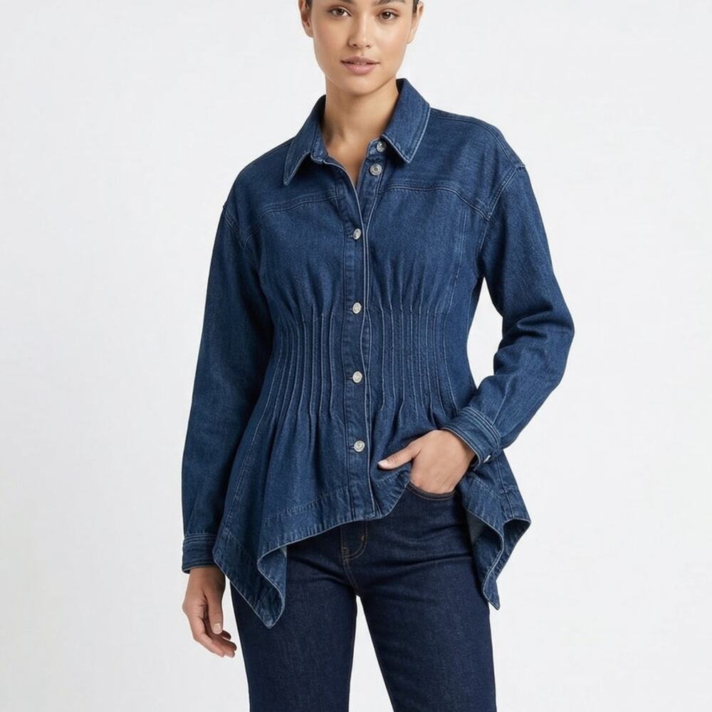 Anthropologie Pleated Denim Shirt Shacket Womens S Blue Long Sleeve Button-up
